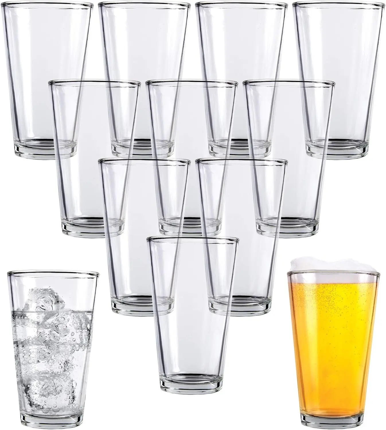 

Set of 12 Clear 16 oz Tall Drinking Glasses with Heavy Base for Beer, Cocktails, Water - Pub Style Design