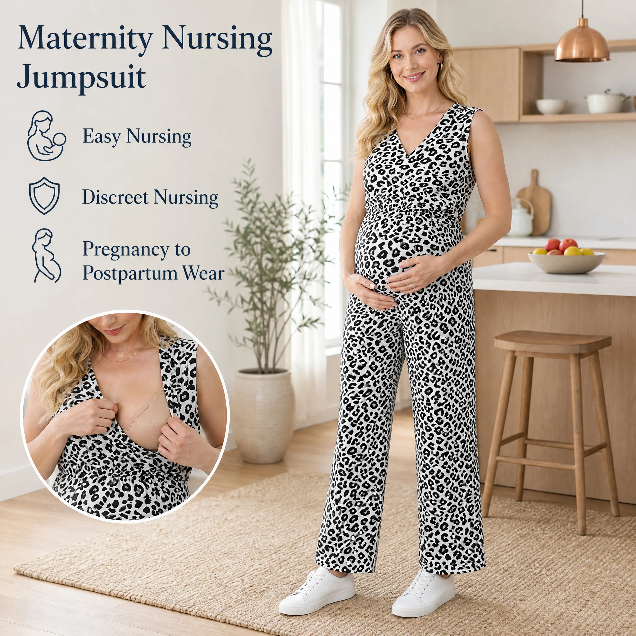 Leopard Print Sleeveless Maternity Nursing Jumpsuit V Neck Hidden Nursing Access Wide Leg Pregnancy Romper with Pockets