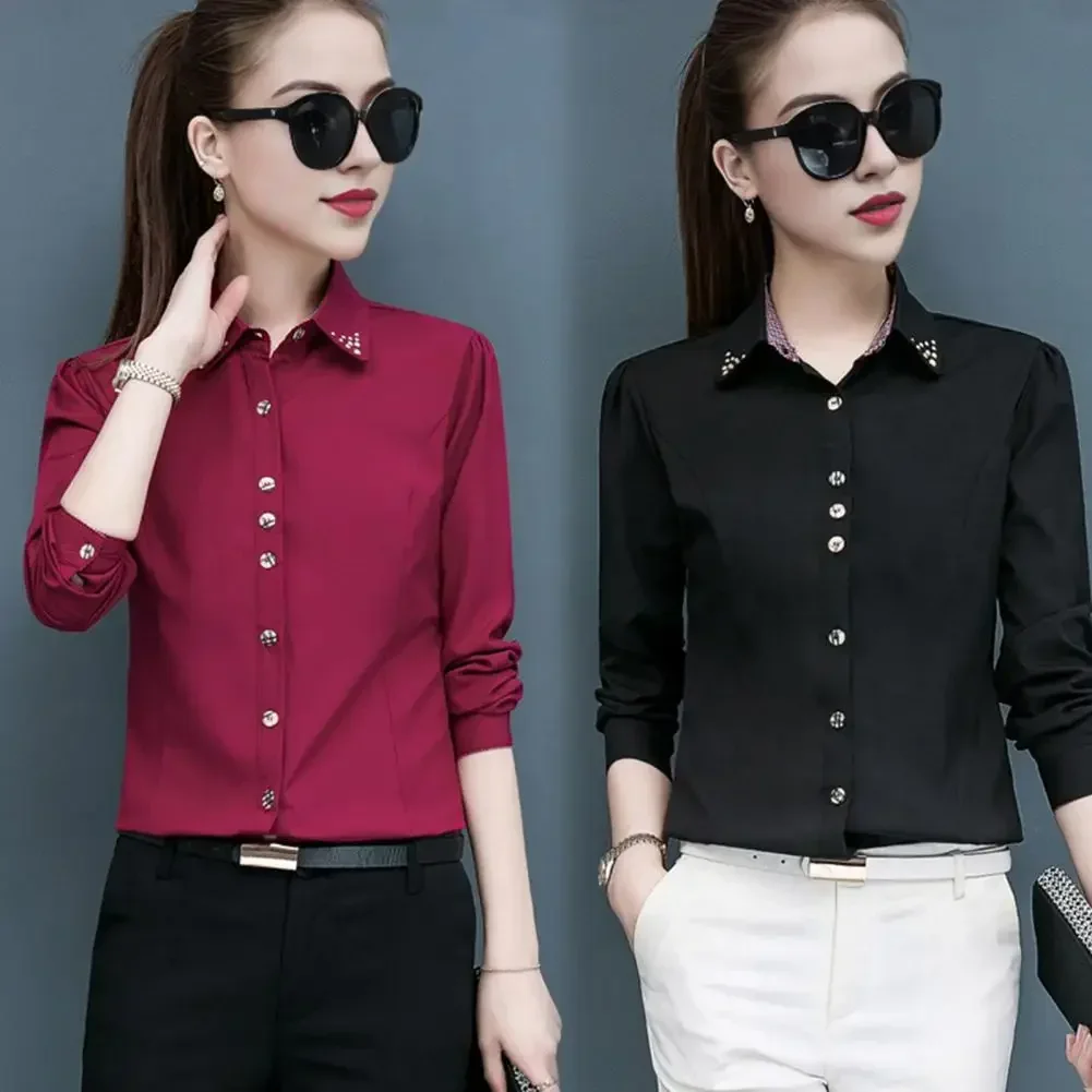 

Women Shirt Elegant Lapel Long Sleeve Women's Shirt for Office Wear Solid Color Single Breasted Button Up Top Work Attire