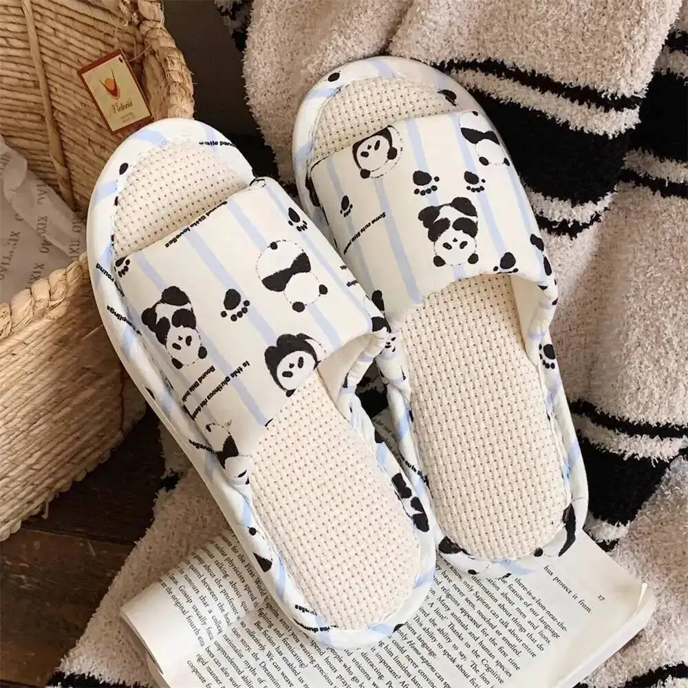Women's Cartoon Panda Linen Slippers Four Season Versatile Student Home Use Sweat Absorbent Cotton Linen Slippers For Air
