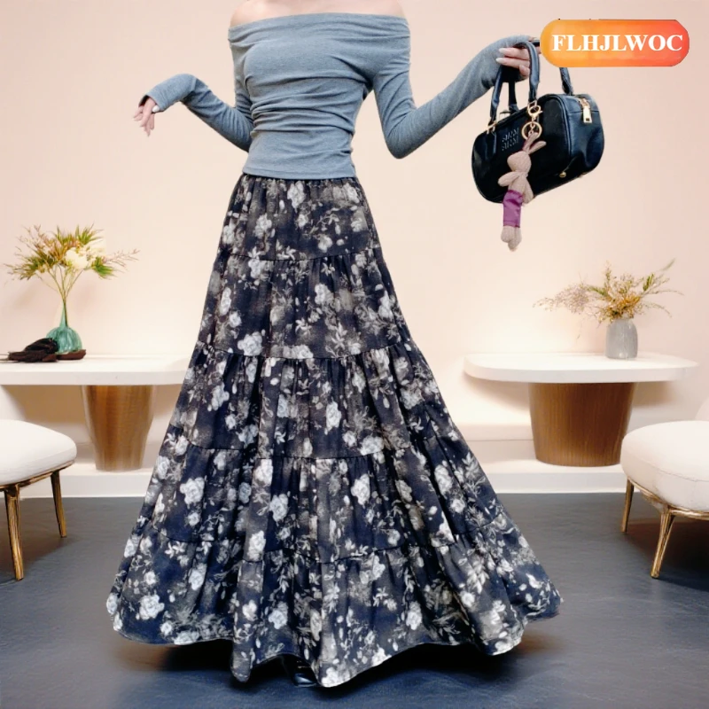 

Retro Vintage Black Velvet Skirts Winter Spring New Design Woman Cute Girls High Waist A Line Floral Print Long Maxi Skirt