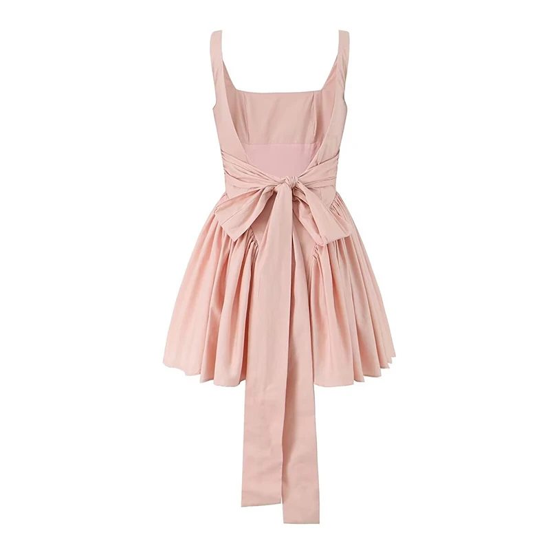 YENKYE Summer Women Sexy Backless Bow Mini Dresses Sleeveless Low Waist Pleated Swing Holiday Party Robe Black White Pink