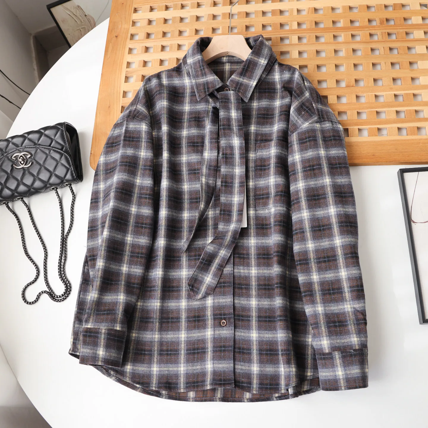 

New Spring British Cotton Plaid Coffee Brown Long Sleeve Shirt Women Polo Collar Bandage Casual Preppy Chic Office Versatile Top