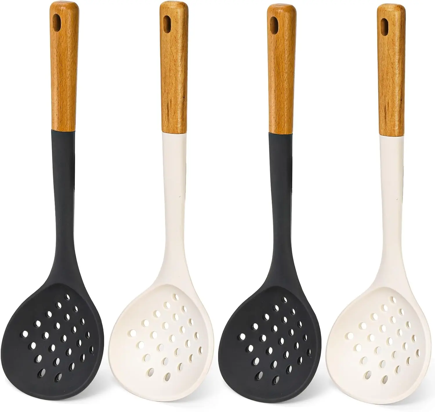 

4 Pack Silicone Slotted Spoons, 13.4 Inches Non-Stick Cooking Skimmers, Large Kitchen Ladle Strainer with Wooden Handle and Hang