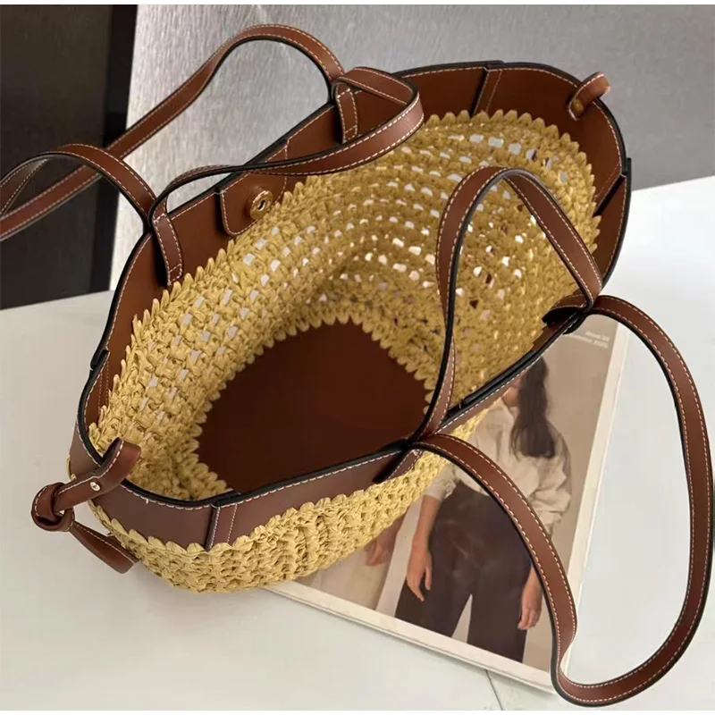 Women Straw 2in1 Woven Bag Adjustable Strap Straw Armpit Bag Large Capacity Dumpling Shoulder Bag For Summer Beach Bucket Bag