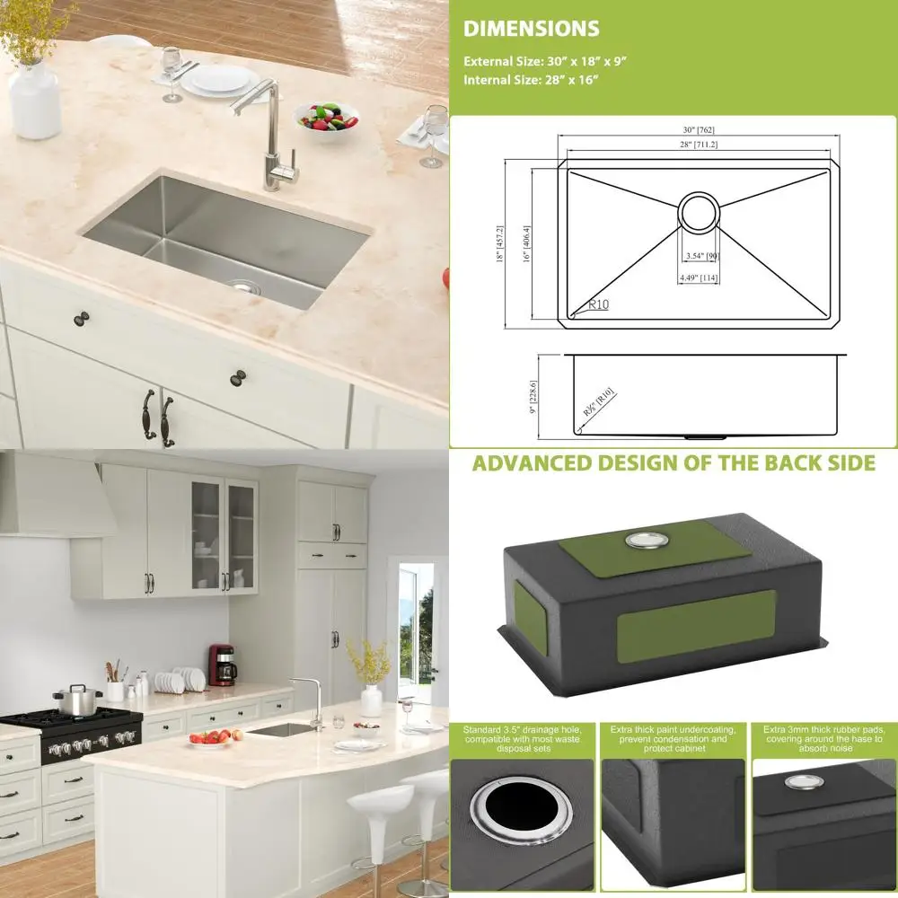 

18-Gauge 30 x 18 Stainless Steel Undermount Single Bowl Kitchen Sink, 9 Deep