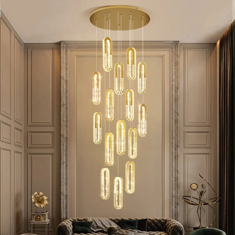 

Light luxury crystal duplex living room staircase pendant lamp villa modern LOFT dining room line hanging crystal lamp