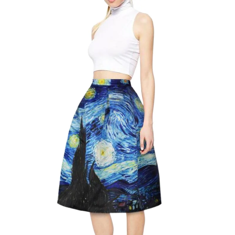 Qybian New Faldas Vintage Van Gogh Print Ladies Skirts High Waist Womens Skirts Valentine\'s Day Skirt Plus Size Skirt