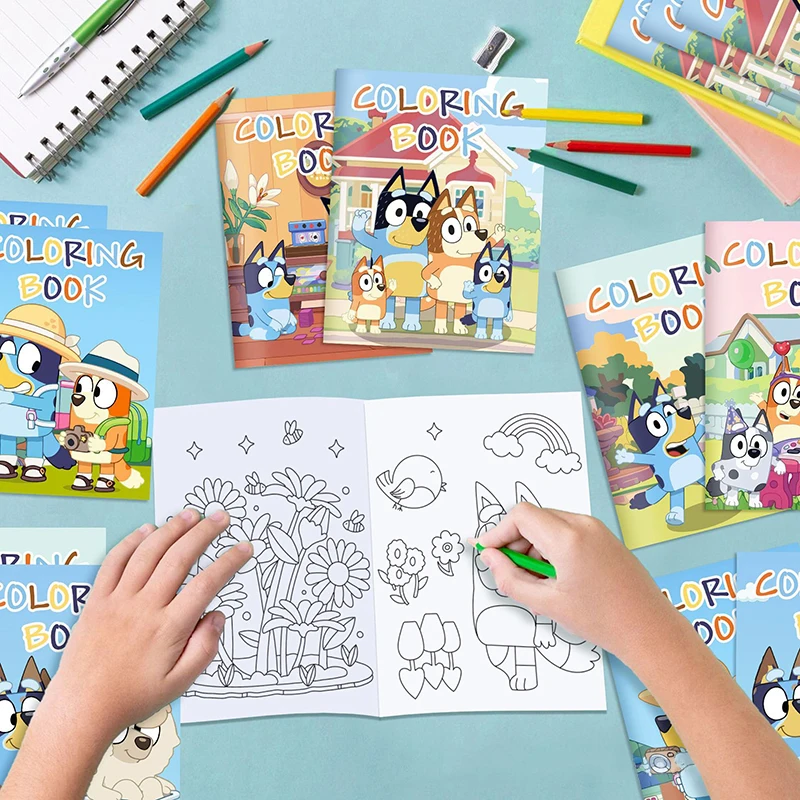 Bluey Coloring Book 6/12/24pcs Cartoon Animated Character Scenes DIY Color Graffiti Painting Book Children Puzzle Education Toys