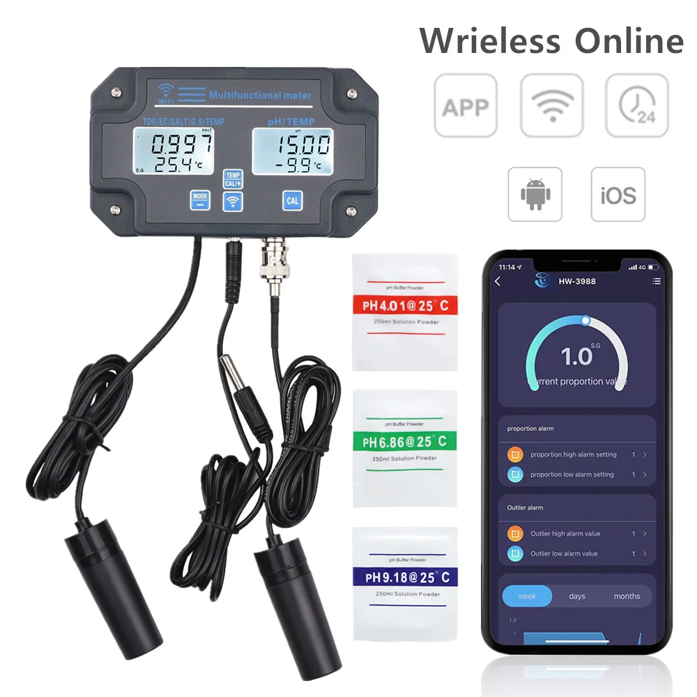 PH-W3988 Wifi Wasser Qualität Monitor Tiermulti 6 in 1 Wasser Analyzer PH/EC/TDS/SALZ/G.S/ Temp Meter APP Remote Online Monito