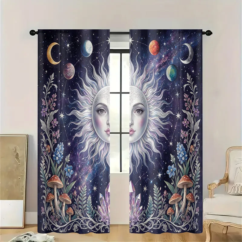 Boho Celestial Galaxy Curtain for Bathroom Shower Rod Cosmic Moon Stars Planet Mushroom Nature Decor Window Drapery Shade