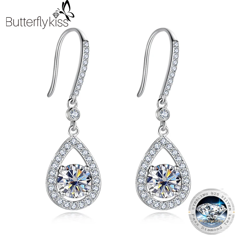 

Butterflykiss White Gold Plated 1CT Moissanite Water Drop Earring For Women Sparkling Diamond Luxury Quality Jewelry S925 Silver