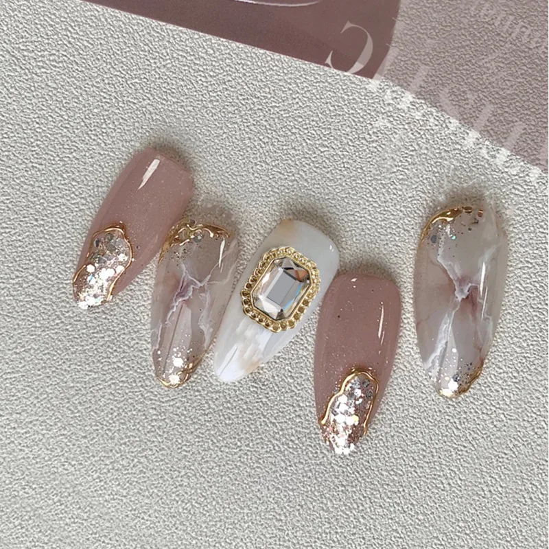 10Pcs Simple Design Nail Diamond Jewelry Alloy Heart/Square/Rhombus Multi-Shapes Gold/Silver Nail Art Metal Glass Manicure Tips