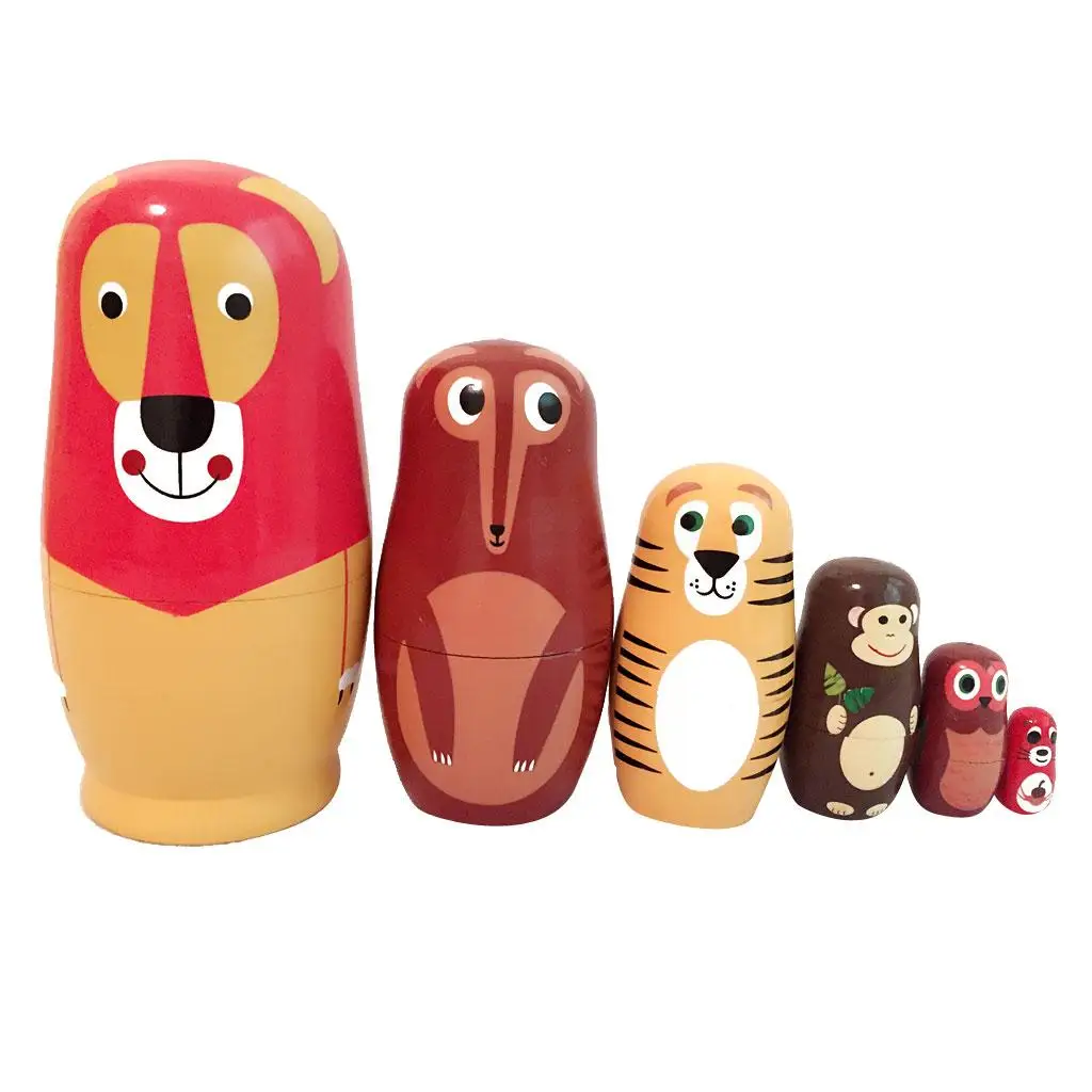 6pcs Wooden Russian Nesting Doll Matryoshka Kit Animals Lion Hand Painted Children Gift