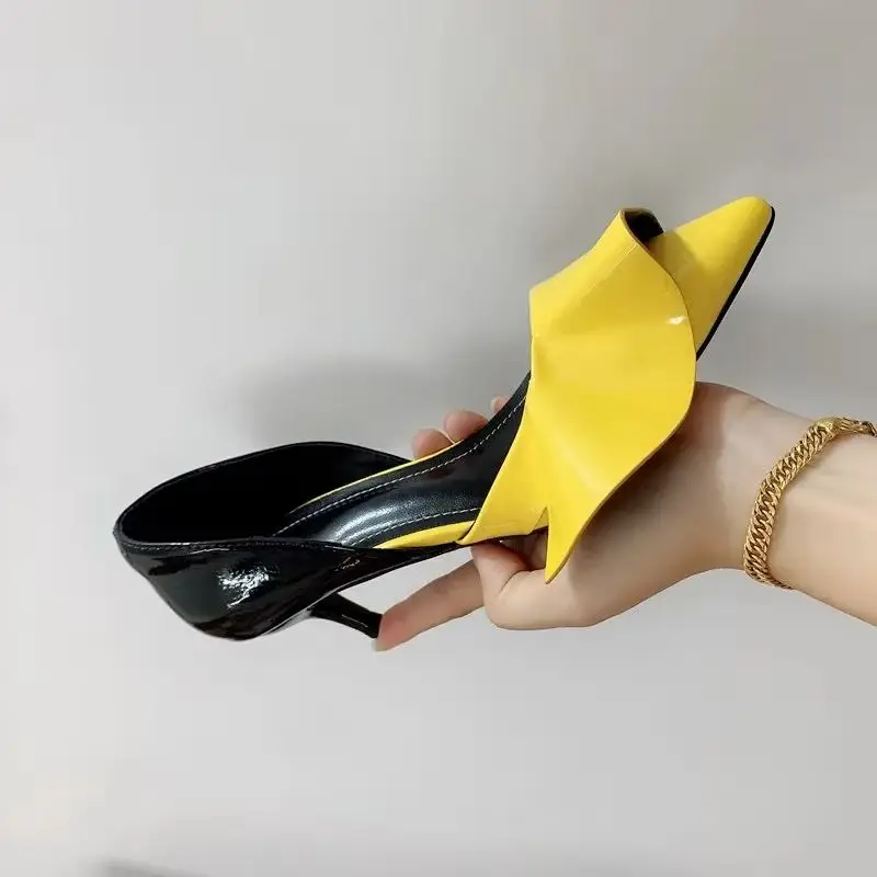 

2025 New Patent Leather Ruffled Stiletto Heel Pumps Pointed Toe Shallow Mixed Color Slip On Summer Sandals 5Cm High Heels