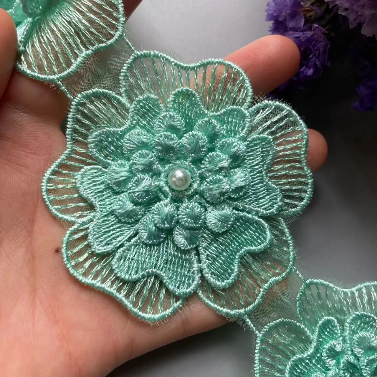 

10X 7.5cm Green Pearl Beaded Polyester Flower Lace Trim Ribbon French Fabric Handmade Embroidered Knitting Patches Sewing Craft