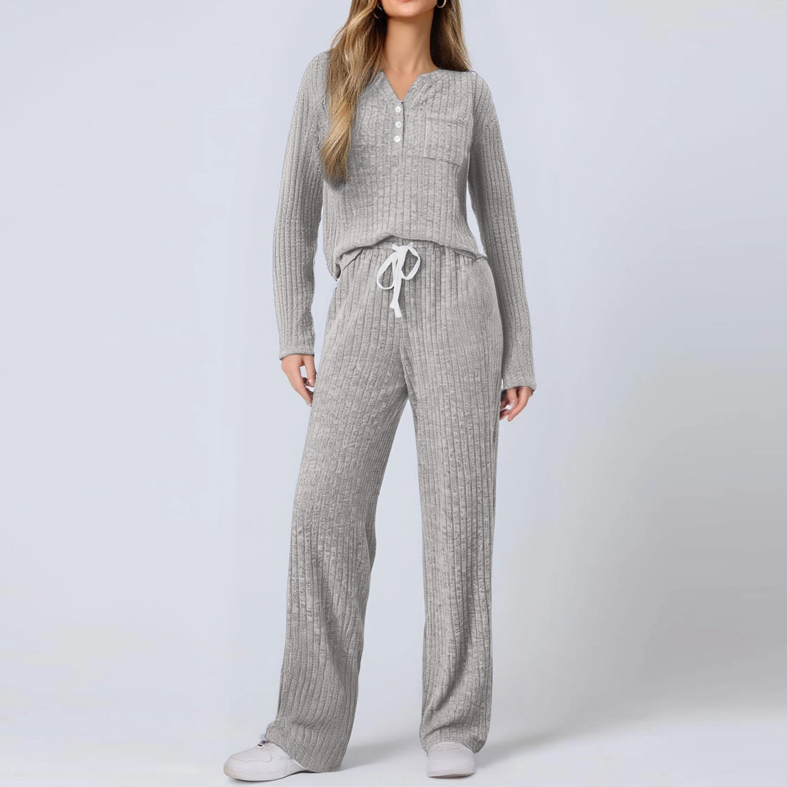 

Осенне-зимний пижамный комплект, комплект из 2 предметов для женщин, одежда для сна, трикотажные топы и брюки в рубчик с v-образным вырезом, домашняя одежда, повседневная одежда