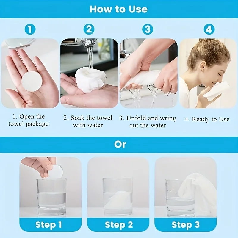 圧縮タオル、個別包装、ウェット＆ドライメイク落とし、旅行用携帯厚手小型正方形タオル、キャンプ用タオル