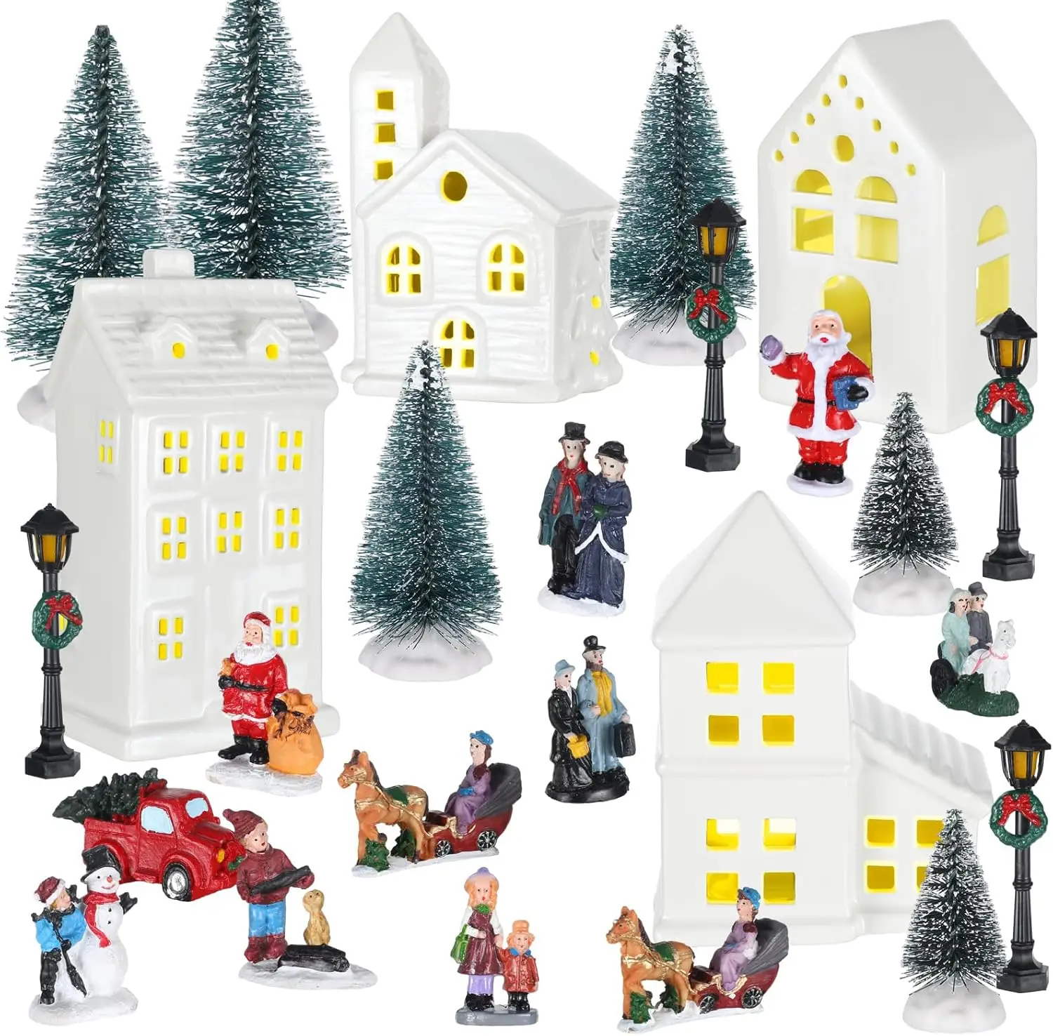 Juego de pueblo navideño LED de 25 piezas con casas de cerámica, figuritas de resina para decoración festiva
