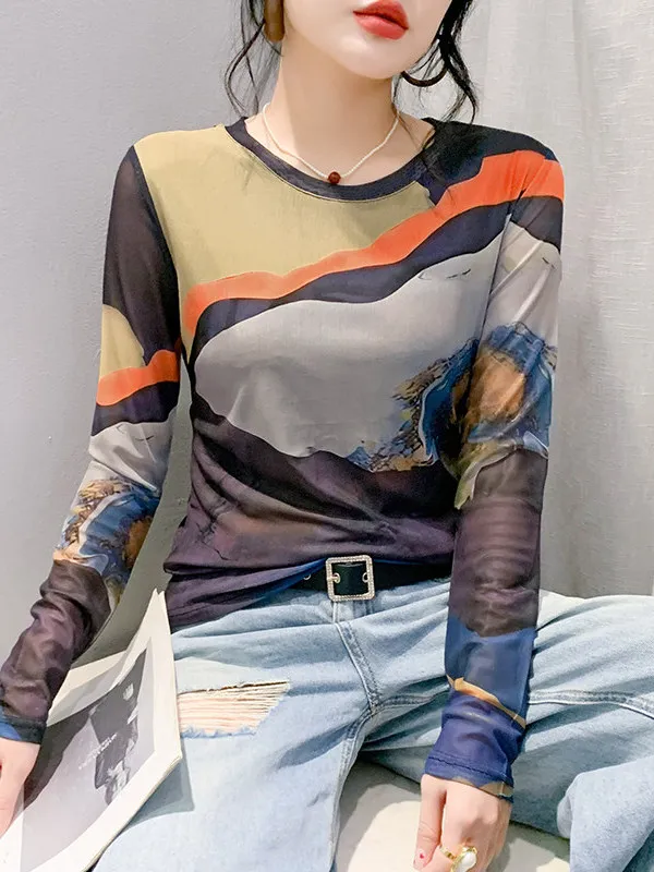 Slimming Effect Long Sleeve round Neck Mesh Print T-Shirt Women's Base Shirt Casual Style Autumn Fashion plus Size Top