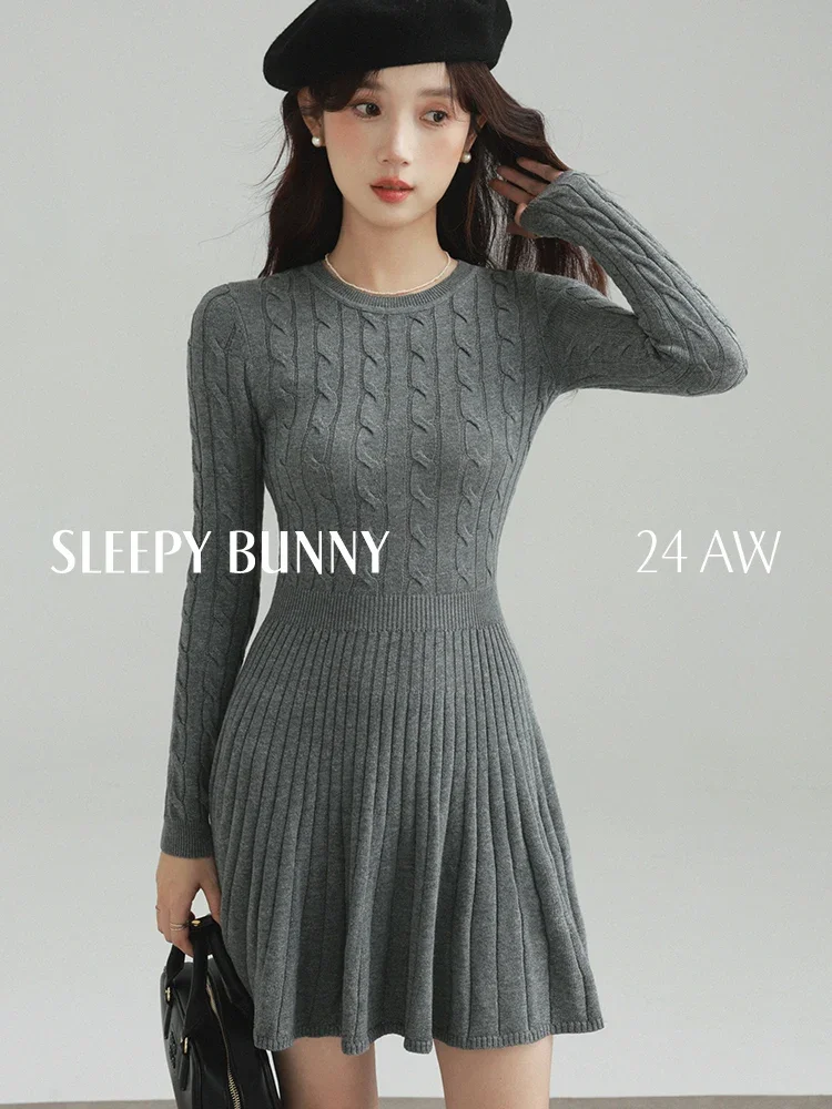 Winter Women Retro Cable Knit Dress Long Sleeve Round Neck Slim Fit A-Line Pleated Skirt Stylish Elegant and Warm Casual Outfit