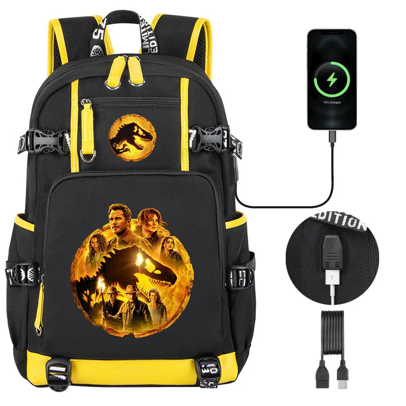 Jurassic World Dominion 3 high quality Children Backpack Boy Students Schoolbag USB Charging Teenagers Laptop Shoulder Bag