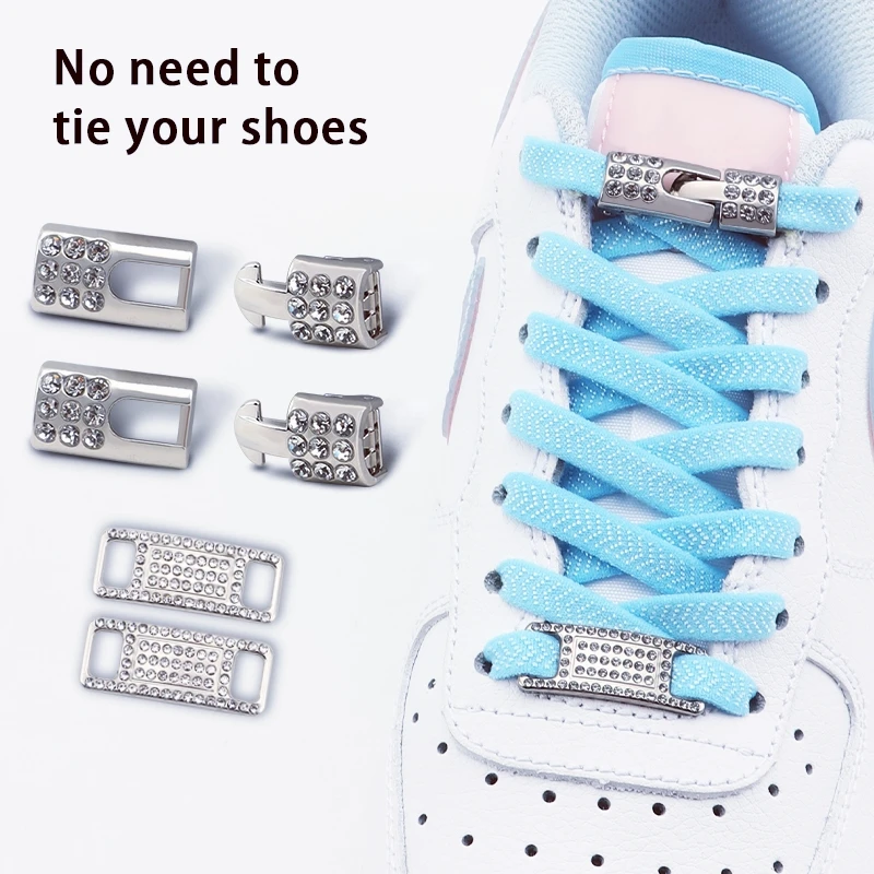 

No Tie Shoe Laces Elastic Laces Sneakers Tennis Silver Diamond Buckle Shoelaces Without Ties Flat Shoelace for Shoes Accessories