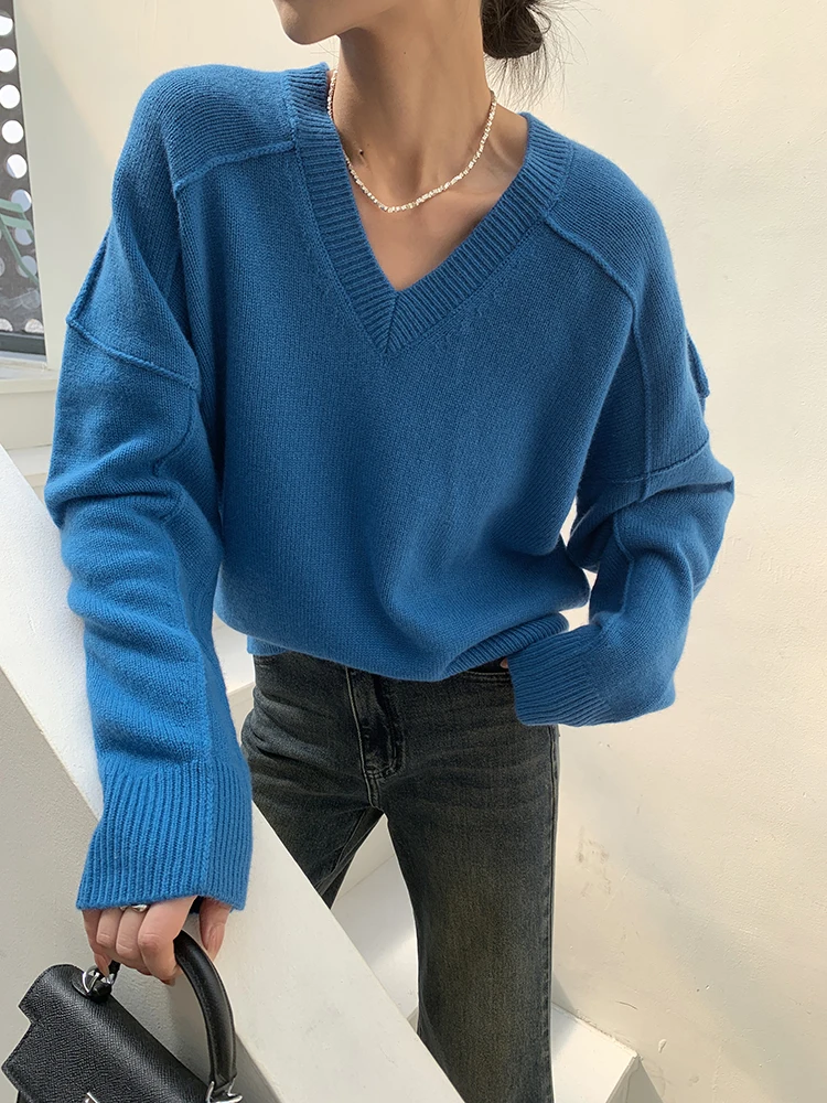 

Синий кашемировый свитер с длинными рукавами и ямочками, свободная облегающая осенняя рубашка с верхом и низом для женщин