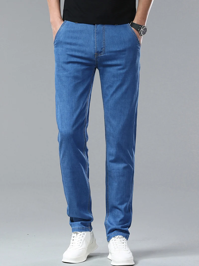 Calça jeans comercial, azul-escura, masculina, leve e versátil, estilo clássico, fina, casual, nova, primavera, verão