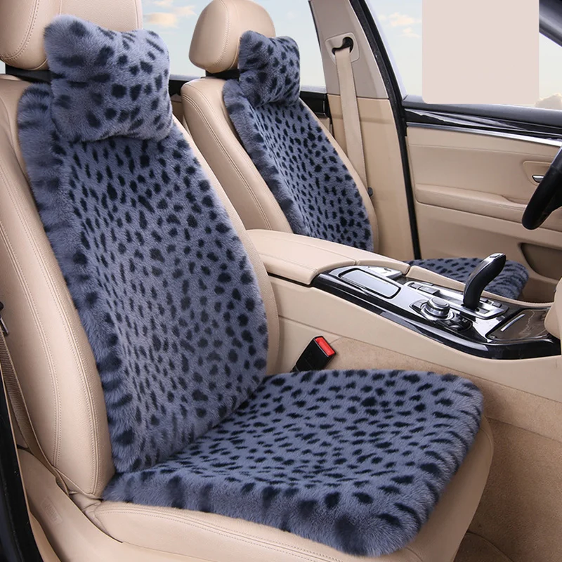 Winter Warm Car Cushion Thickened Imitation Rabbit Fur Car Seat Cover Protective Front Rear Leopard pattern Auto Seat Cover