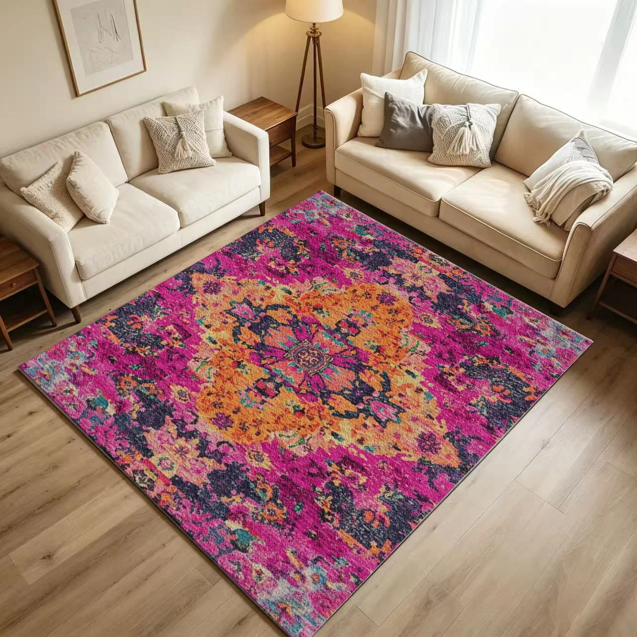 Bright Pink Retro Floral Pattern Carpet Bohemian Style Oriental Carpet Floor Mat Living Room Bedroom Floor Mat
