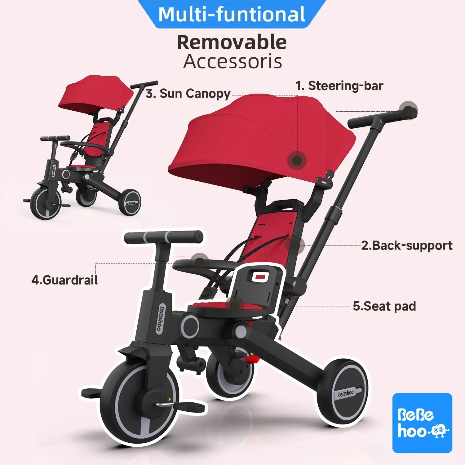 Driewieler Kinderwagen Voor Peuter, Opvouwbare Baby Driewieler, Kinderfiets Met Duwhendel, Peuters Kinderwagen Fiets Met 1 Tot 5 Jaar