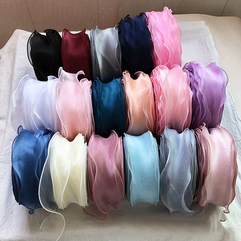 Solid Color Organza Ribbon Wavy Edge Ribbon For Flower Bouquet Gifts Packaging DIY Sewing Supplies Wedding Party Decorations