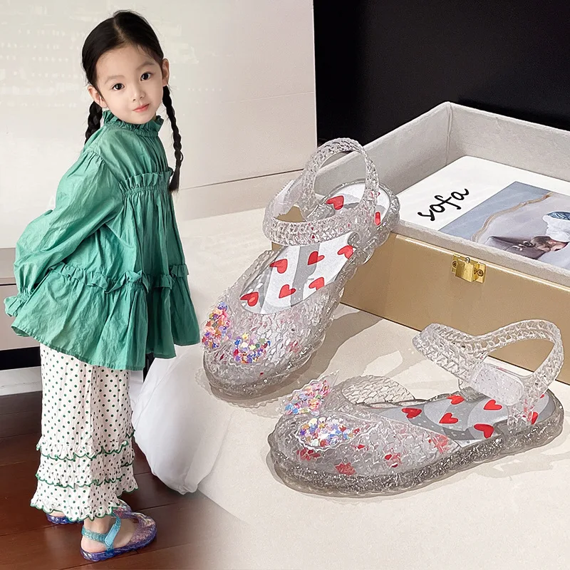 2026 Summer Kids' Sandals Crystal Jelly Shoes PVC Love Baby Fashion Flat For Girls Breathable Anti-slip Purple Pink Size 24-35