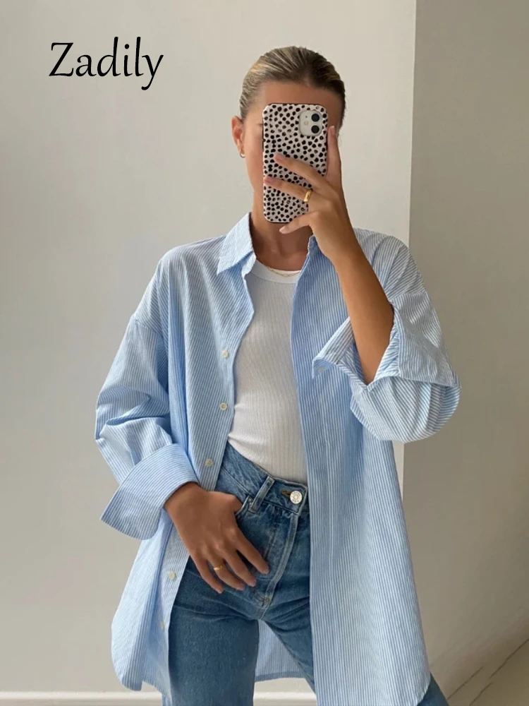 Zadily 2024 Summer Loose Long Sleeve Women Cotton Striped Basic Shirt Office Lady Button Up Clothing Minimalist Blouses