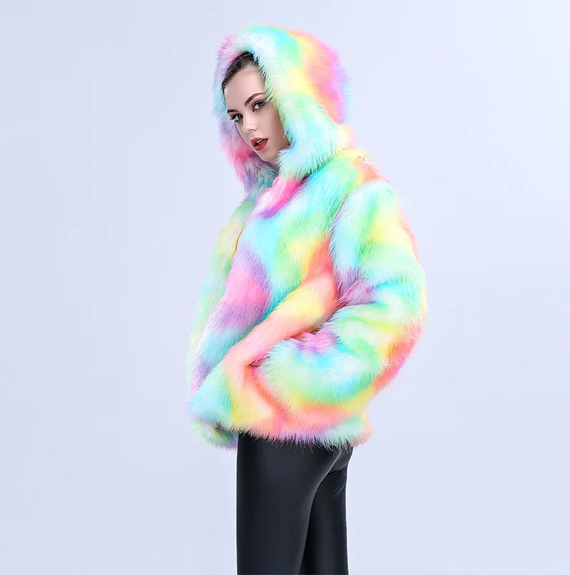 Women's Winter Party Artificial Fur Coat Colorful Pockets Hooded Female's Mink Fur Jacket  Instagram-Style Lady Eco Fur Coat