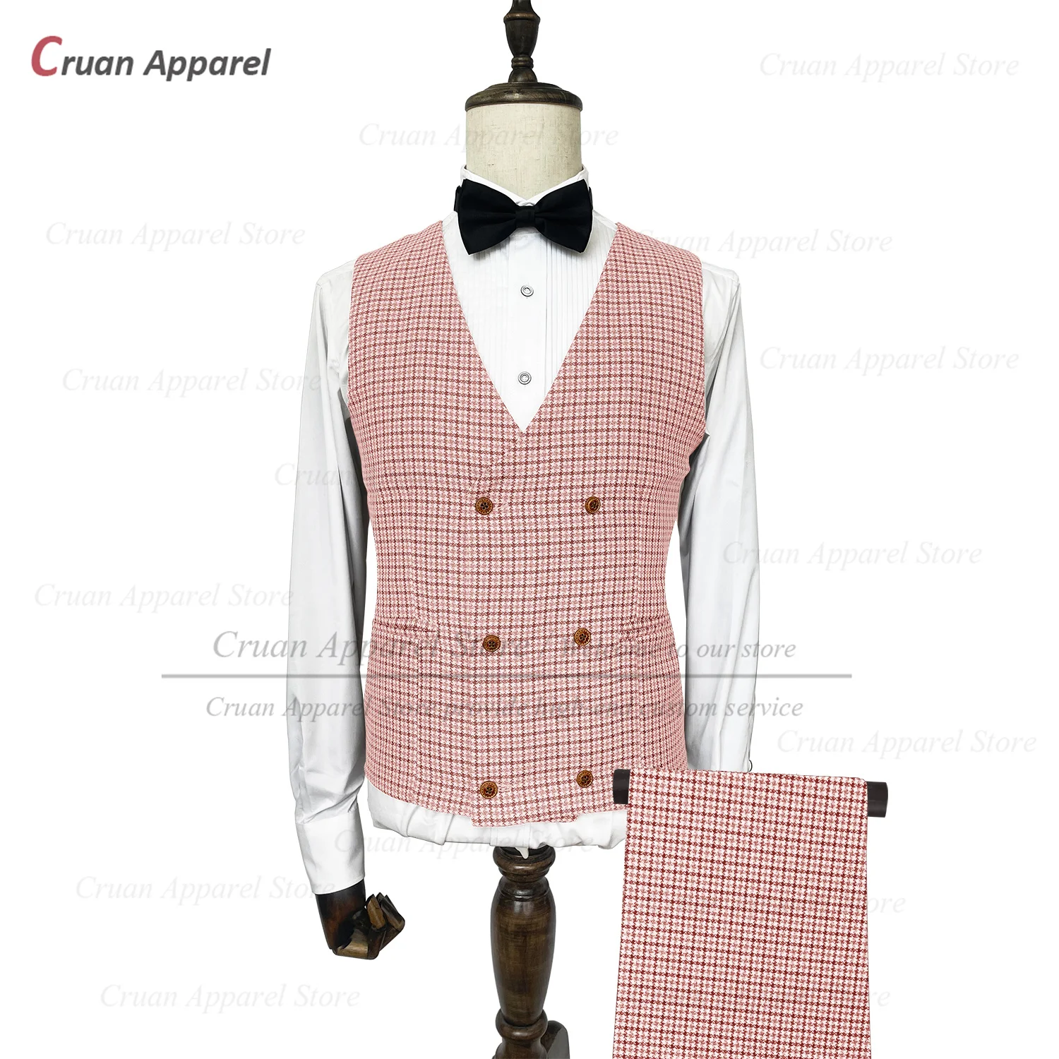 

2023 New Dark Pink Plaid Waistcoat Sets Wedding Tailor-made Slim Fit Vest Pants Outfits Casual Party Elegant Fashion Costumes