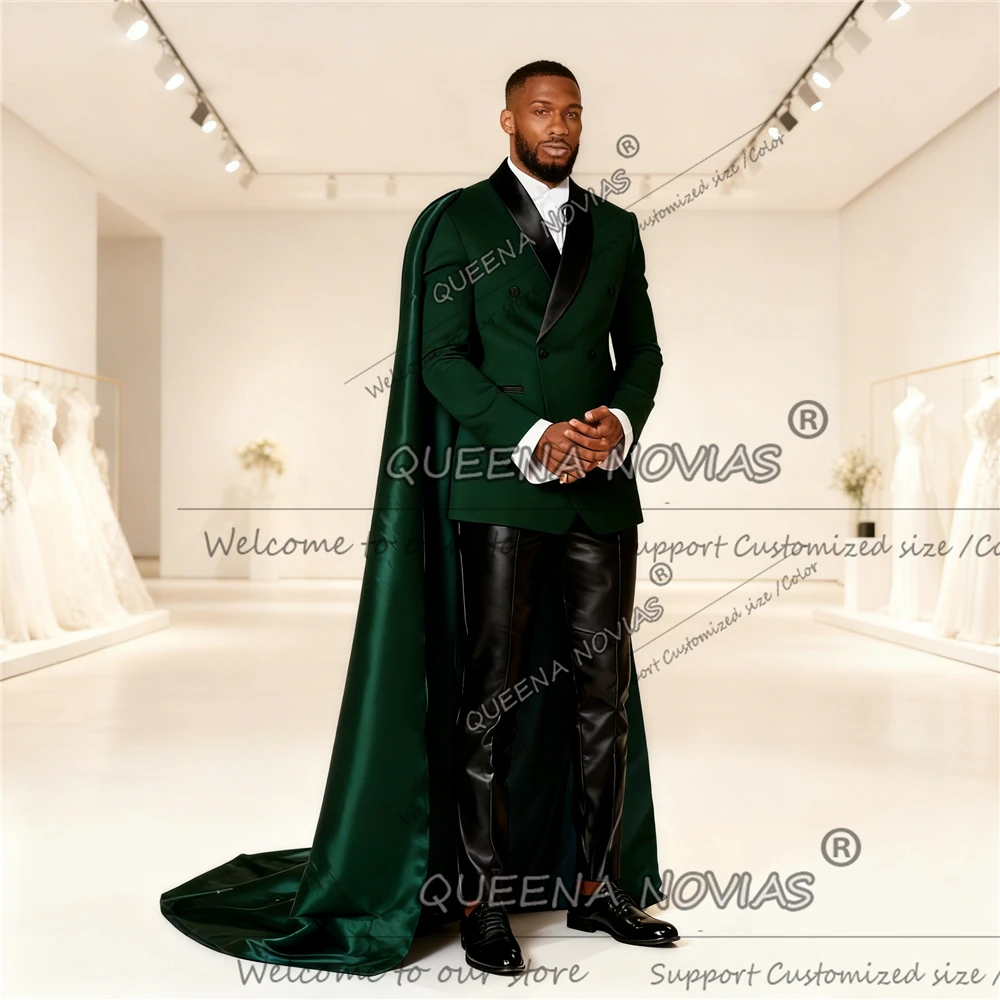 Smoking da sposo con risvolto in raso scintillante con mantello Giacca doppiopetto personalizzata Pantaloni da uomo Slim Trajes Para Hombre