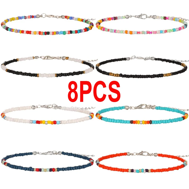 8Pcs Handmade Beaded Anklets for Women Girls Boho Colorful Beads Ankle Bracelets Adjustable Foot Anklet Set