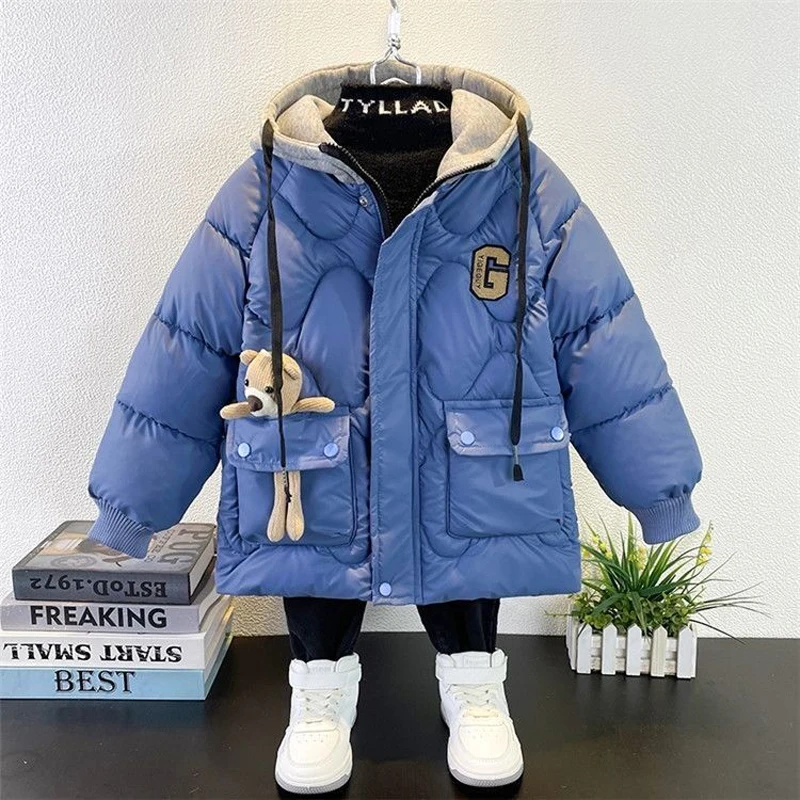 Winter Keeping Warm Boys Jacket Letter Stitching Hat Style Thick Padded Lining With Velvet Hooded Heavy Coat For Kids Send Bear