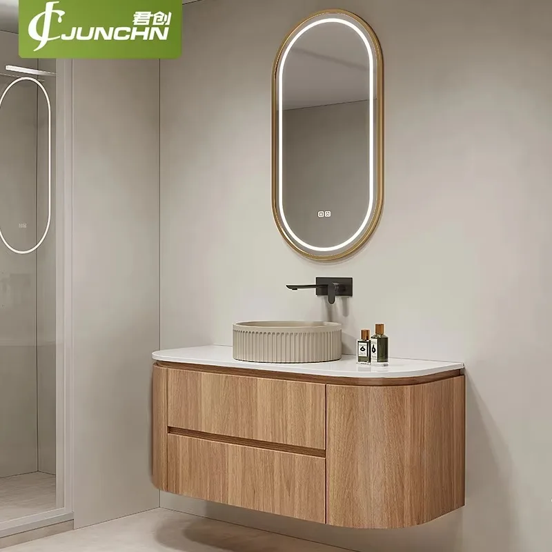 Modern Curved Floating Bathroom Vanities,Gold Frame Oval Smart LED Anti-Fog Touch Mirror, Custom Size Available Hotel Bathroom
