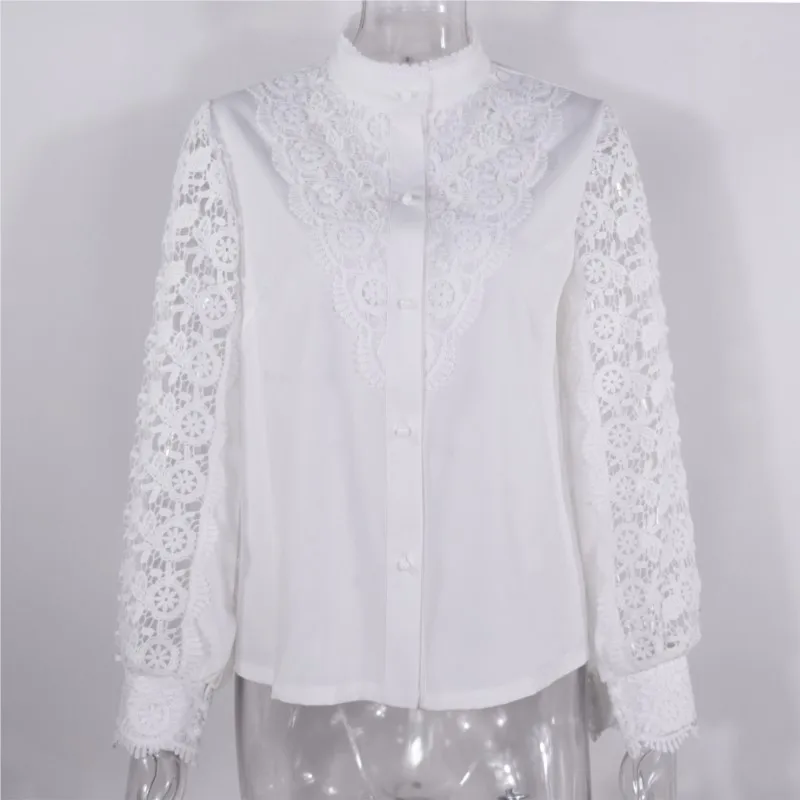 2024 New Women\'s Spring And Autumn Fashion White Lace Spliced Long Sleeved V-neck Hollow Out Shirt Office Lady Button Blouse Top