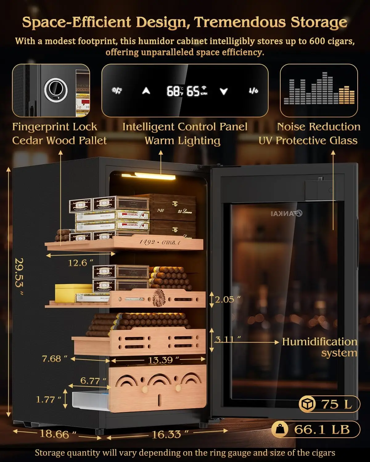 Electric Cigar Humidor Cabinet up to 600 Cigars, Temperature & Humidity Control System-75L Cooling Fridge with Cedar Wood