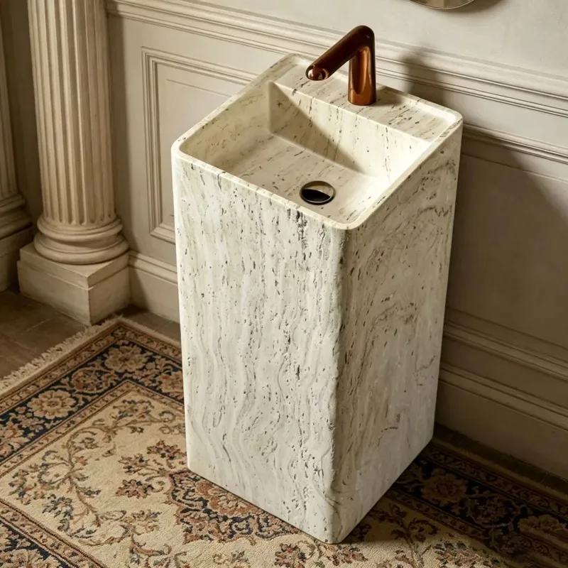 Marble Freestanding Sink Square Natural Stone Column Basin with Organic Texture for Bathroom Factory Direct Sales