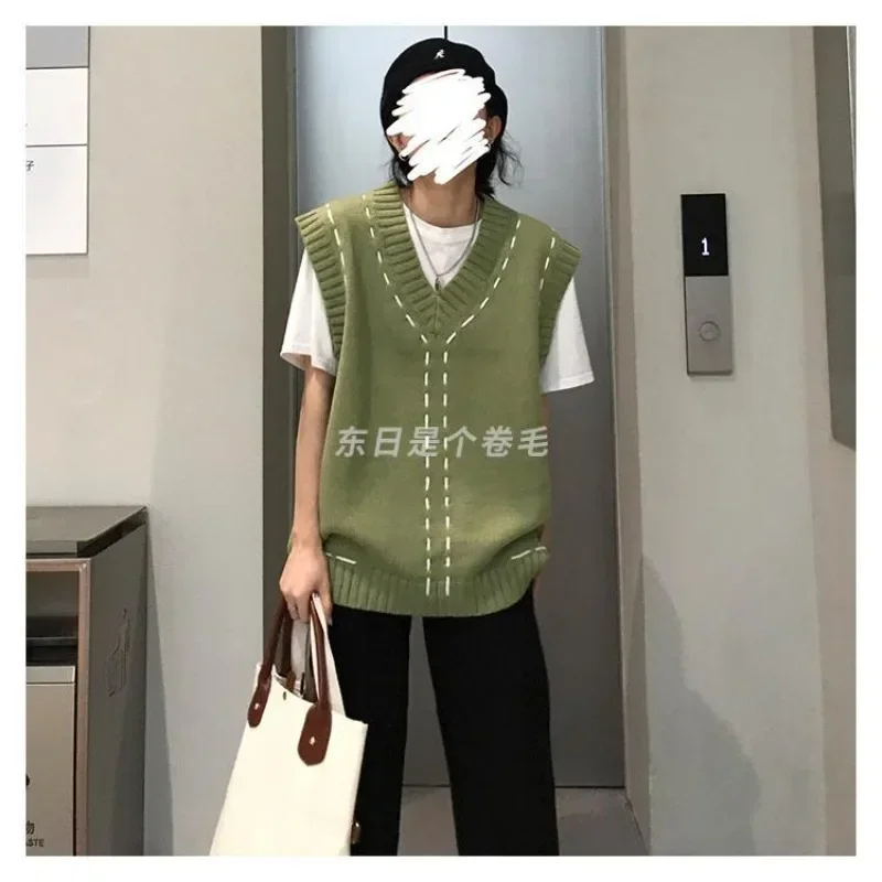 V-Neck High Street Gilet Femme Korean Loose Pullovers Knitted Chic Autumn Women Y2k Preppy Style Sweater Heavy Yarn Hiphop