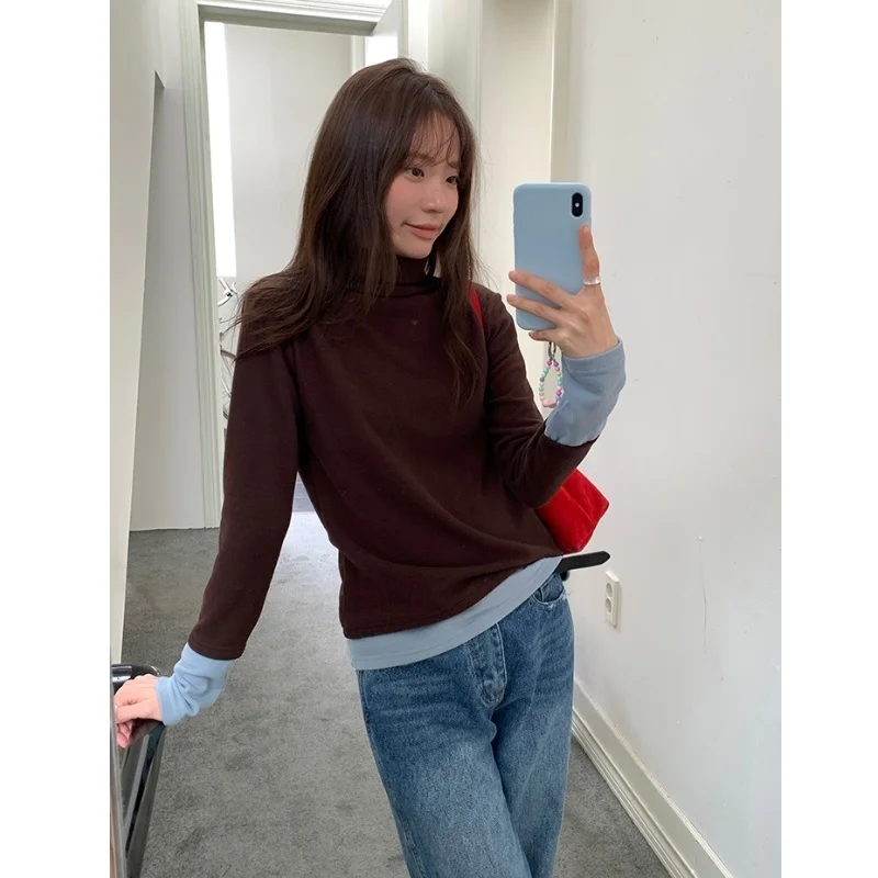 

Зимняя толстая футболка с высоким воротником, женская двусторонняя теплая бархатная лоскутная футболка с прямым дном