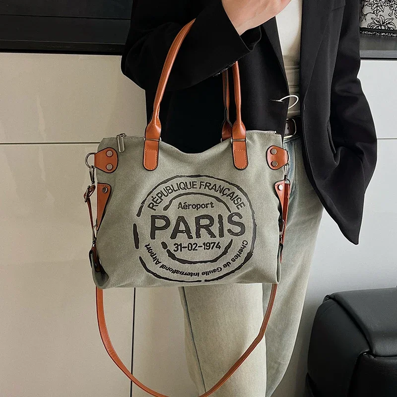 

Vintage Stamp Print Canvas Tote Bag Large Capacity Fashion Shoulder Bag Crossbody Bag Adjustable Strap Commuting Shopping