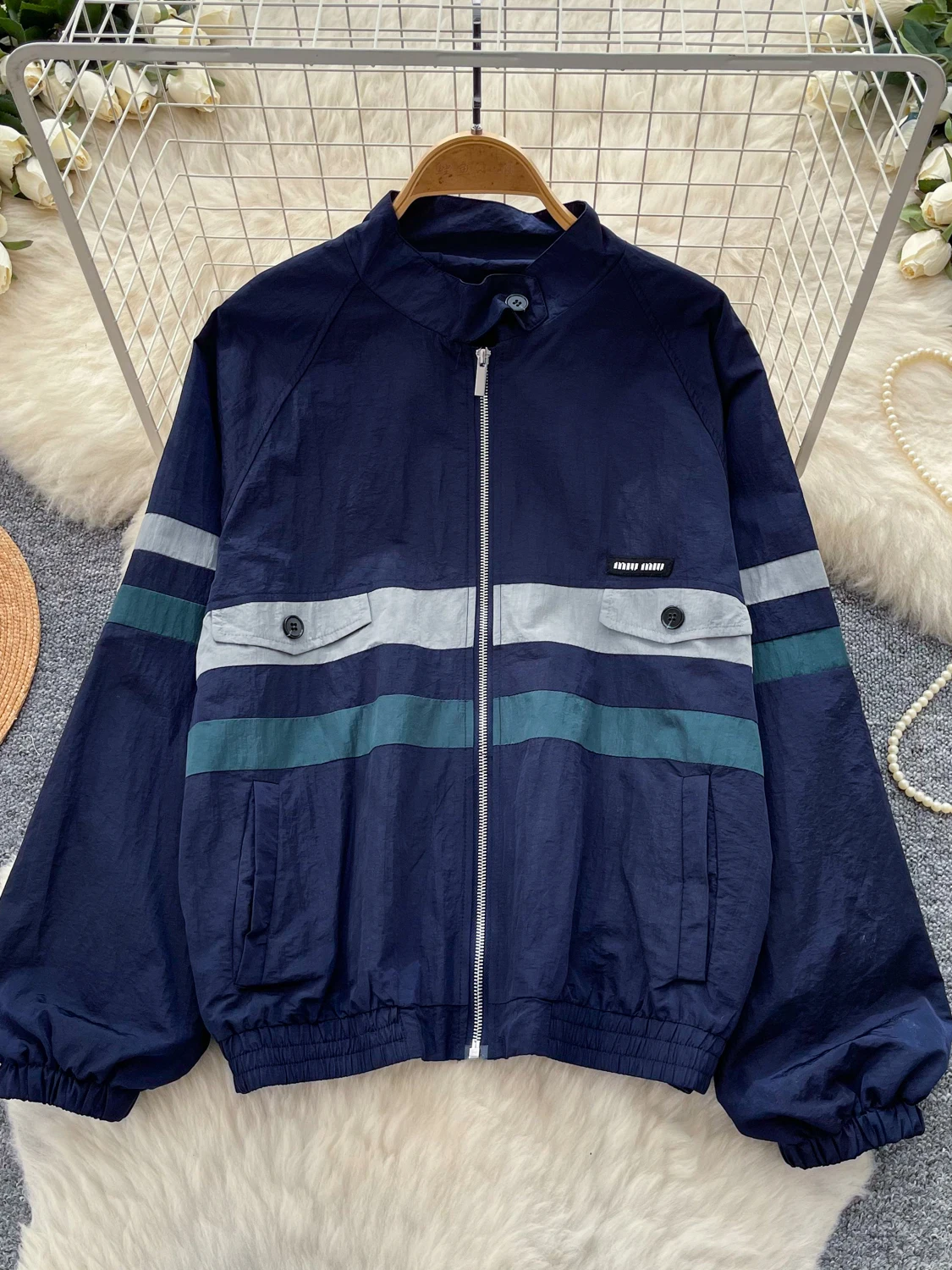 Casual Loose Women's Striped Jacket Outerwear Zipper Retro Style Commute Color Block Sport Coat Autumn Top Casual Shirt