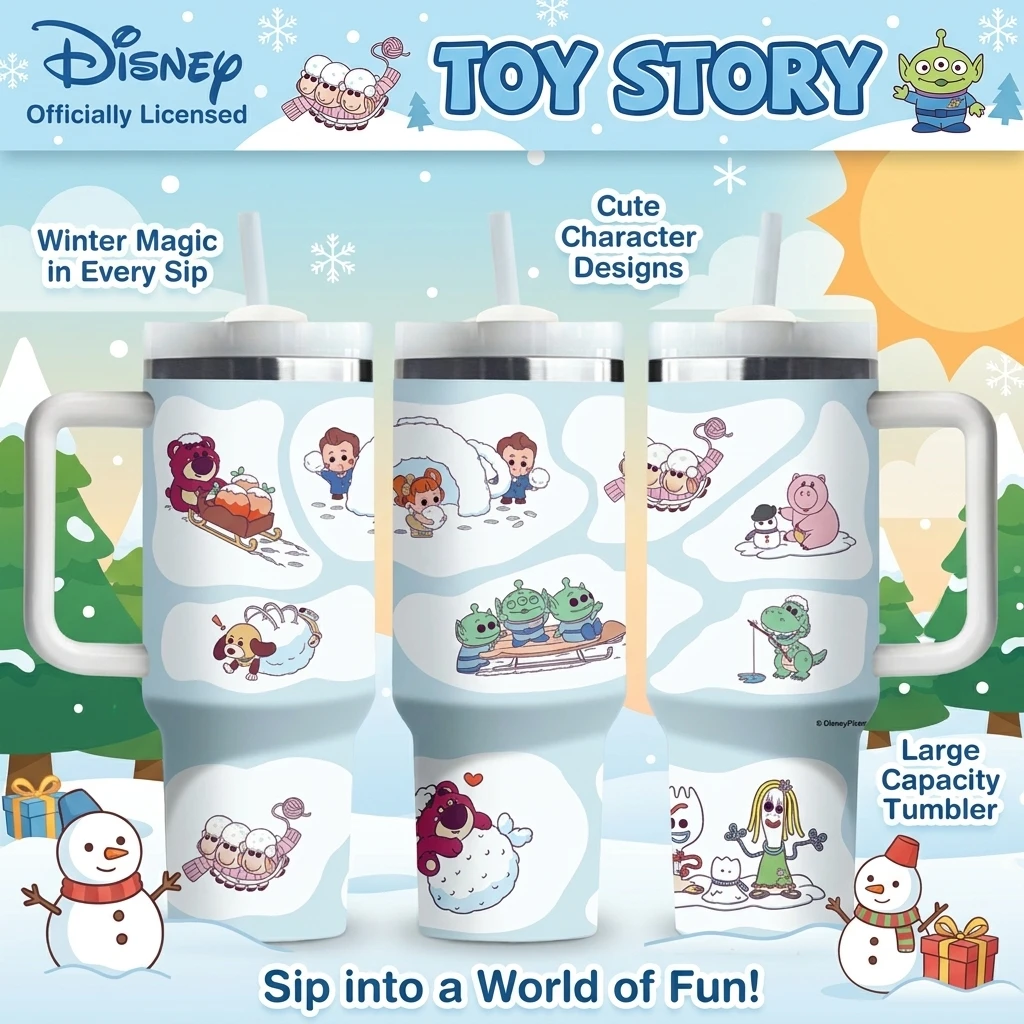 

1pc 40oz Disney Toy Story Winter Stainless Steel Tumbler with Handle Straw Insulated Travel Coffee Mug Cute Cartoon Water Bottle
