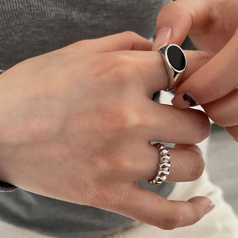 Foxanry Silver Color Ellipse Black Zircon Rings For Women Couples Fashion Personality Simple Hip Hop Classic Daily Party Jewelry image 6